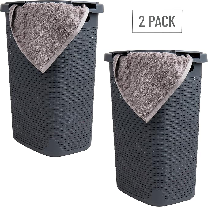 Mind Reader 60L Slim Laundry Hamper, Clothes Basket, Lid, Wicker Style, Plastic, 17.65"L x 13.75"W x 24.15"H, Set of 2, Gray - Image 7
