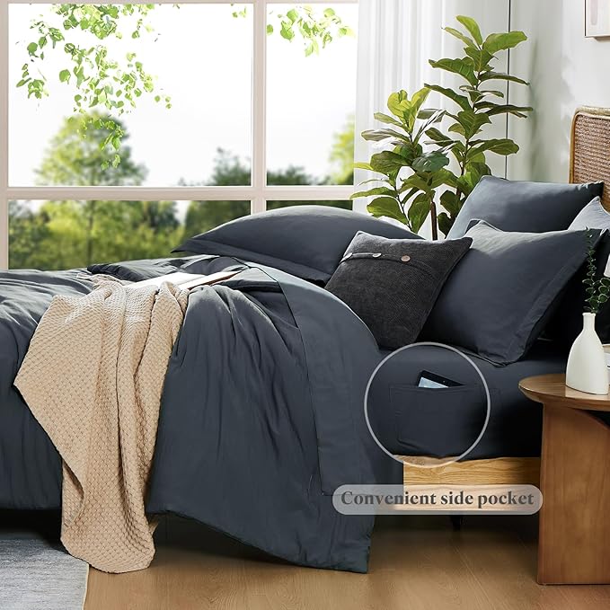 WRENSONGE Queen Comforter Set - 7 Pieces Blue Grey Bed in a Bag Queen with Sheets, 2 Pillow Shams, and 2 Pillowcases- Warm Bedding Sets Queen for All Season