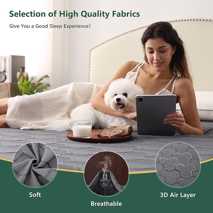 King Size Waterproof Mattress Protector, 40% Rayon Derived from Bamboo Grey Mattress Pad Cover, 3D Air Fabric Breathable Mattress Pad Fitted with Deep Pocket 6"- 15" Machine Washable
