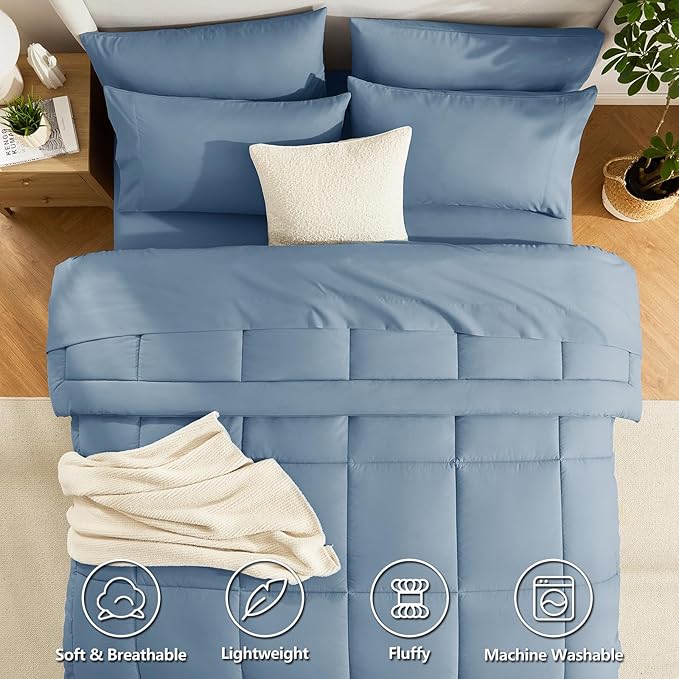 CozyLux Twin Comforter Set with Sheets Dusty Blue, 5 Pieces Bed in a Bag, Grayish Blue Comforter Twin Size, All Season Bedding Set with Stitch Quilted Comforter, Flat Sheet, Fitted Sheet, Pillowcases
