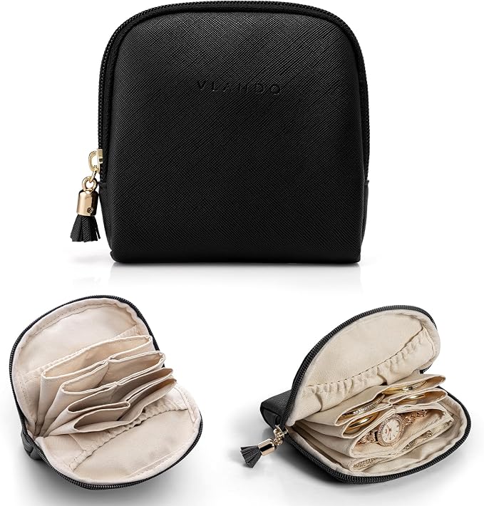 VLANDO Small Jewelry Travel Case,Travel Essentials for Women,Jewelry Pouch Bags with Zipper,Velvet Jewelry Organizer Storage Bag for Bracelet Rings Earring-Black by VLANDO