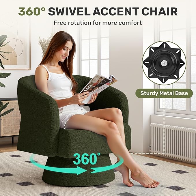 Nebuaegis Swivel Accent Chair, Modern Comfy Teddy Barrel Chairs, Oversized Upholstered Round Arm Chair for Living Room, Bedroom, Reading Room, Green, 1 PCS