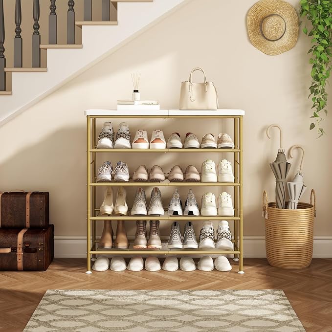SUOERNUO Shoe Rack Organizer 5 Tier for Closet Entryway Free Standing Metal Storage Shoe Shelf with MDF Top Board，Gold - Image 3