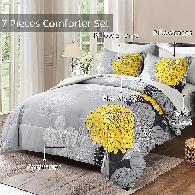 Yiran 7 Pieces Bed in a Bag Comforter Set Yellow Floral Comforter Flowers Soft Microfiber Bedding Set King Size (1 Comforter 1 Flat Sheet 1 Fitted Sheet 2 Pillowshams 2 Pillowcases)