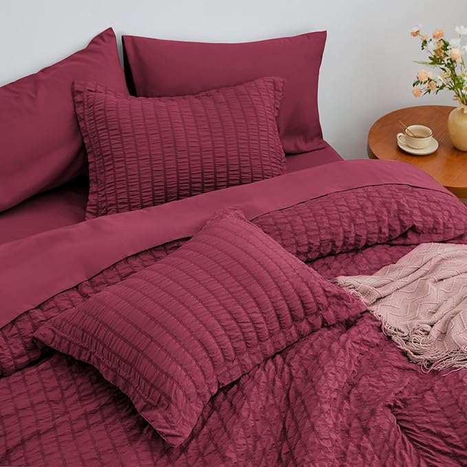 Love's cabin Seersucker Burgundy Twin Comforter Set, 5-Piece All Season Lightweight Bed in a Bag Bedding Set with Comforter, Flat Sheet, Fitted Sheet, Pillowcase and Sham | Soft, Breathable, Lightweight