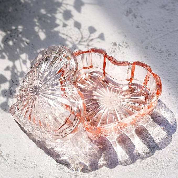 kanpura Glass Heart Shaped Jewelry Box Candy Dish with Lid Ring Earring Trinket Storage Box Vintage Jewelry Organizer Decorative Jar Christmas Gift for Women Girls(Pink) - Image 5