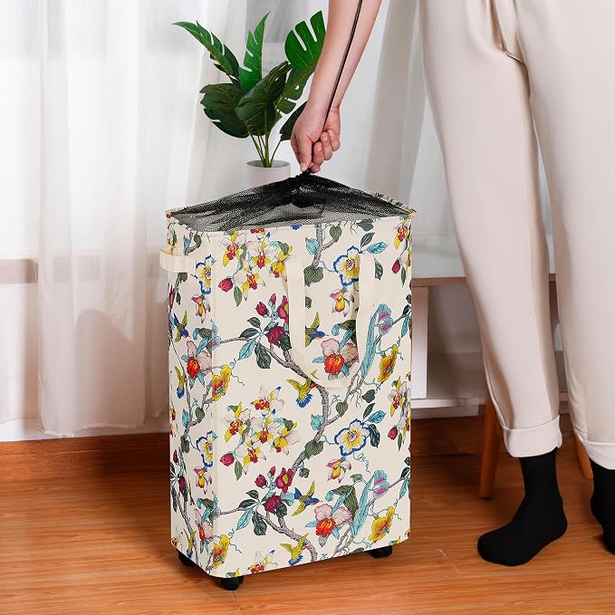 efluky Slim Laundry Hamper with Wheels, Rolling Laundry Basket for Clothes, Small Laundry Basket for Bedroom, Dorm and Laundry Room, 75L (19.8 Gallons) Floral - Image 4