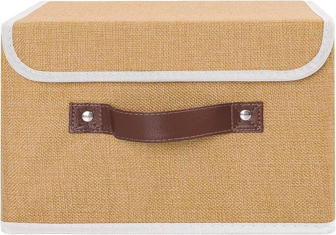 ANMINY Storage Bin with Lid Storage Boxes with PU Leather Handles PP Plastic Board Decorative Foldable Lidded Cotton Linen Fabric Home Cubes Baskets Closet Organizer Container - Khaki, Small Size - Image 2