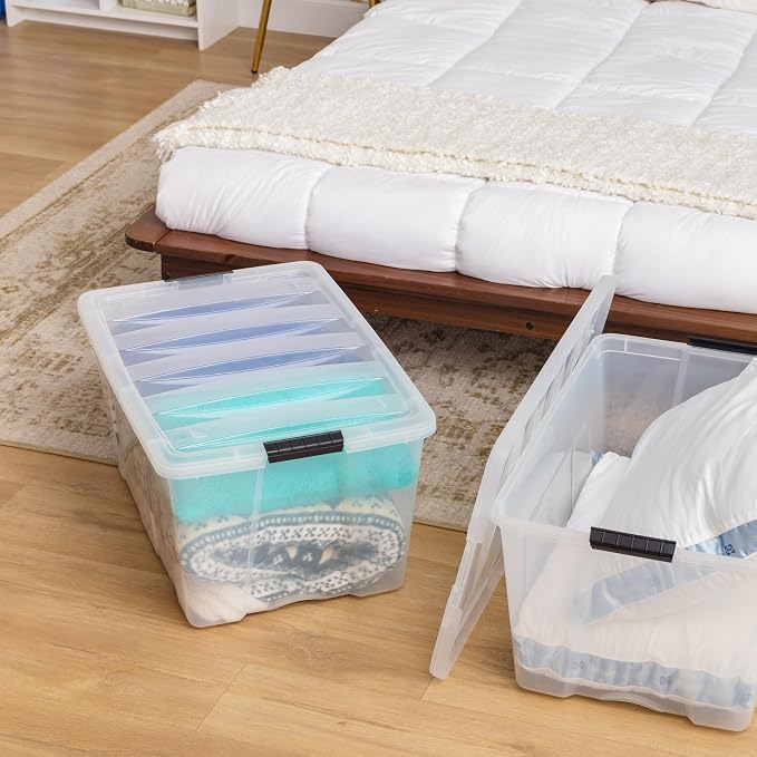IRIS USA 94 Qt Stackable Plastic Storage Bins with Lids, 2 Pack - BPA-Free, Made in USA - See-Through Organizing Solution, Latches, Durable Nestable Containers, Secure Pull Handle - Clear - Image 6