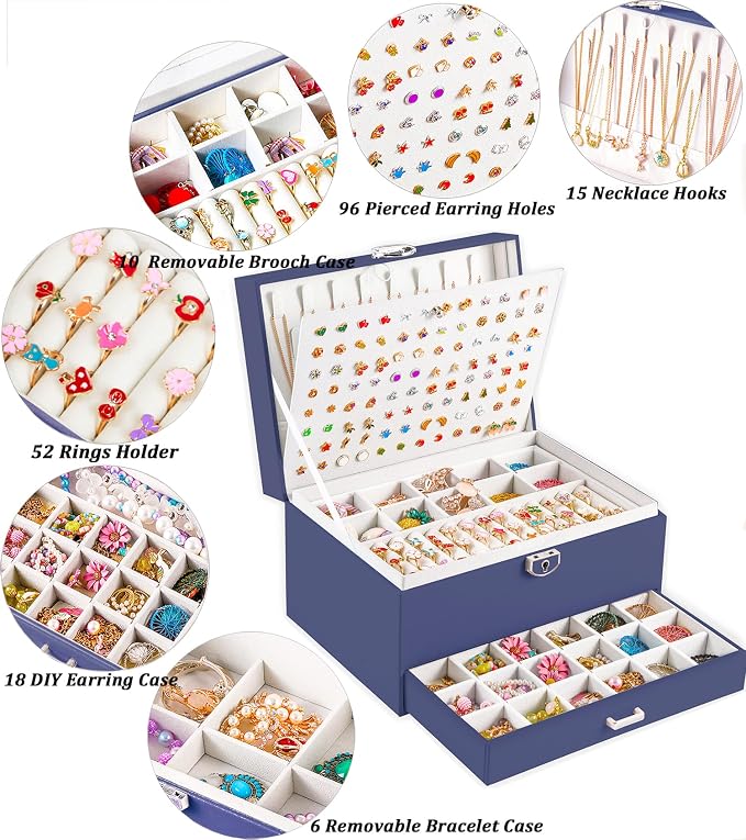 QBestry Earring Jewelry Box for Women Girls Stud Organizers, 5 Layers Navy Jewelry Organizer Box with Lock Necklaces and Earrings Holder Jewelry Box with Earring Organizer for Women Girls Xmas Gifts - Image 2