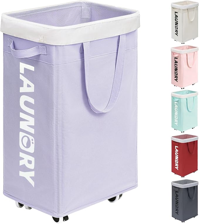 Goodpick Laundry Basket with Wheels,75L Collapsible Laundry Baskets with Removable Wash Bag, Clothes Laundry Hamper on Wheels, Light Purple by Goodpick
