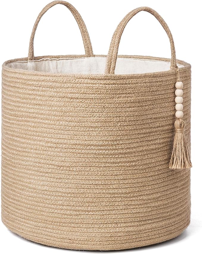 Mkono Woven Storage Basket Decorative Natural Rope Basket Wooden Bead Decoration for Blankets,Toys,Clothes,Shoes,Plant Organizer Bin with Handles Living Room Home Decor, Jute, 16" W × 13.8"L by Mkono