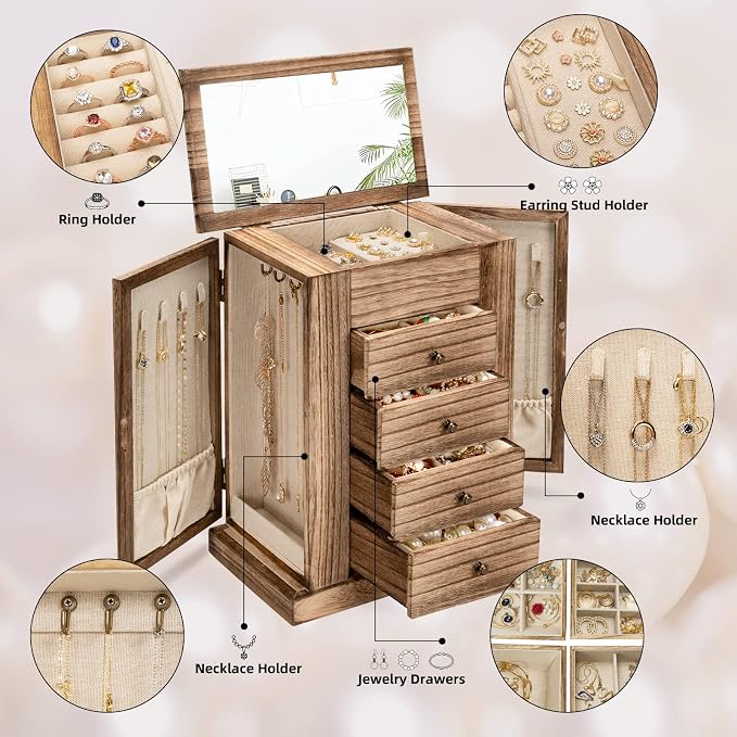 Emfogo Jewelry Box for Women, 5 Layer Large Wood Boxes & Organizers for Necklaces Earrings Rings Bracelets, Rustic Organizer with Drawers and Mirror(Carbonized Black) - Image 3