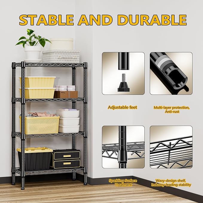 M MZG 1000 lbs 4 Tier Shelf Metal Storage Shelves Wire Rack Closet Organizers for Garage Kitchen Bathroom Laundry Black 11.8" D x 25.6" W x 45.5" H - Image 6