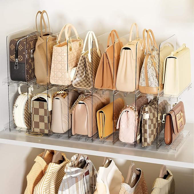 Stackable Bag & Purse Organizer for Closet Shelf Acrylic Shelf Dividers for Closet Organization, Clear Handbag Purse Storage Organizer Divider, Keep Clutch, Wallet, Pocketbook Upright, 4 Pack by MSHOMELYDIRECT