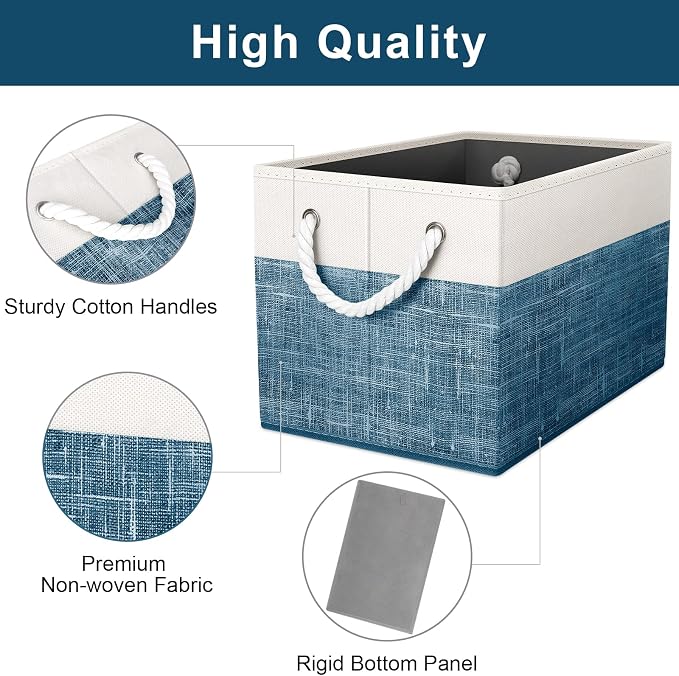 Fab totes Storage Bins [2-Pack], Foldable Storage Baskets for Organizing Toys, Books, Shelves, Closet, Large Storage Box with Rope Handles, Sturdy Organizer Bins, White & Blue - Image 3
