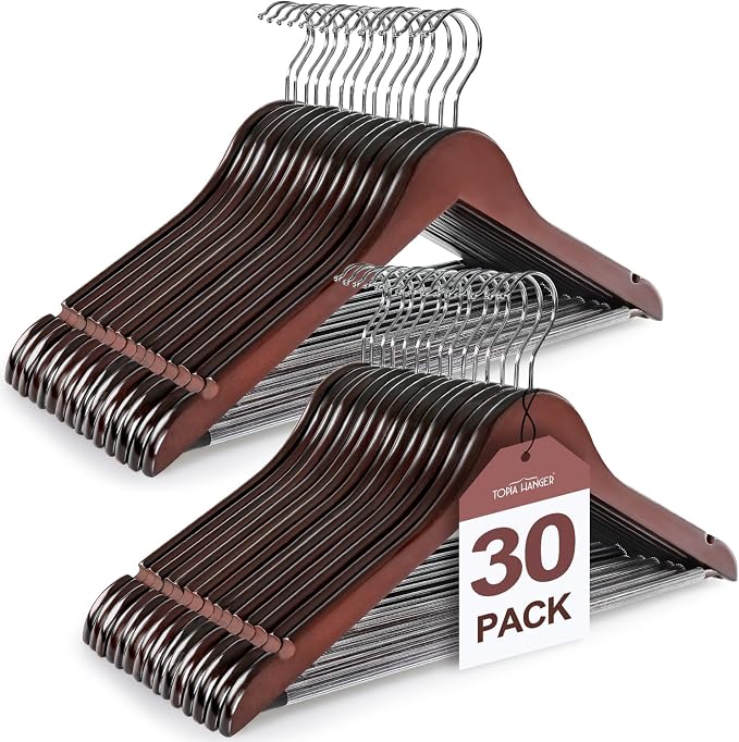 TOPIA HANGER Wooden Coat Hangers 30 Pack, Cherry Wood Suit Hangers with Non Slip Pants Bar, 360° Swivel Hook and Shoulder Notches for Camisole, Jacket, Pants, Smooth Finish Clothes Hangers - CT34M30 by TOPIAHANGER