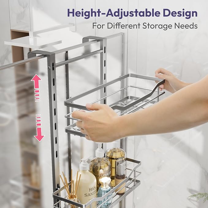 SWTYMIKI Over the Door Shower Caddy - 3 Tier Adjustable Shower Organizer Hanging with Soap Holder, No Drilling Stainless Steel Bathroom Rack Hanging for Body Wash, Shampoo, Soap, Razor, Silver - Image 3