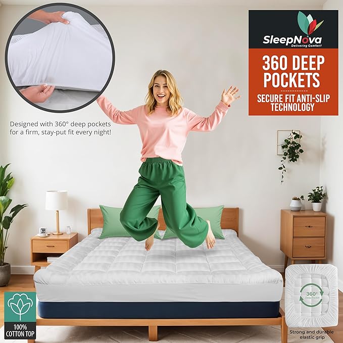 SLEEPNOVA's Cooling Mattress Topper Twin – 100% Cotton Pillow Top That Keeps You Cool, Relieves Back Pain & Adds Cloud-Like Comfort with Deep Pocket Fit (8”-21”), Soft & Machine Washable