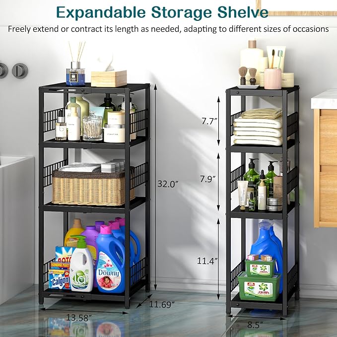 DAOUTIME Expandable Slim Storage Shelf, 4 Tier Metal Shelving Unit for Bathroom Storage Organizer, Freestanding Narrow Shelf for Small Spaces, Open Floor Shelves for Bathroom, Laundry Room, Kitchen - Image 5