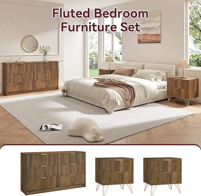 6 Drawer Dresser and Nightstand Sets for Bedroom, 3 Pcs Bedroom Set, Night Stand Set of 2 & 6 Drawer Dresser with Gold Handles, Modern Wood Chest of Drawers Storage Cabinet Set, Natural