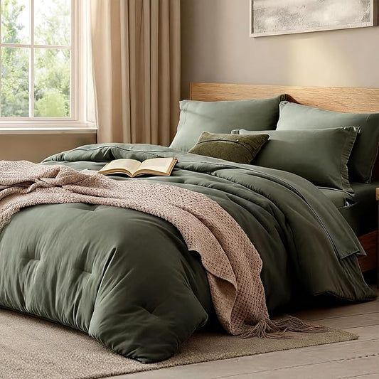 WRENSONGE Full Size Comforter Sets, 7 Pieces Olive Green Bed in a Bag with Fitted Sheet, Flat Sheet, 2 Pillow Shams, 2 Pillowcases, Warm Bedding Sets for All Season