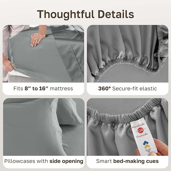 California Design Den - Luxury Full Size Sheet Set - 100% Cotton, 600 Thread Count Deep Pocket Full Size Bed Sheets, Sateen Weave - Mist Grey
