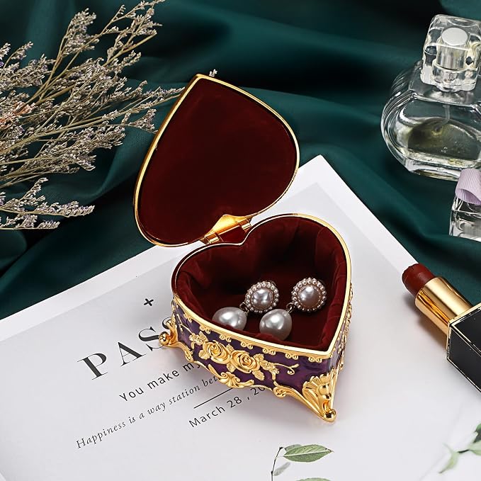 Hipiwe Decorative Jewelry Box Purple Vintage Jewelry Storage Case with Rose Pattern Heart Shaped Treasure Chest Box for Earrings Ring Necklace Keepsake Organizer - Image 4