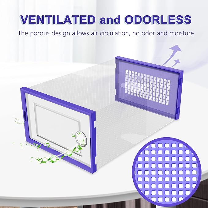 Kuject Shoe Organizers Storage Boxes for Closet, 12 Pack Clear Plastic Stackable Storage Bins with Lids, Under Bed Shoe Containers for Entryway, Drop Front, Fit up to Women's Size 10,Purple - Image 5