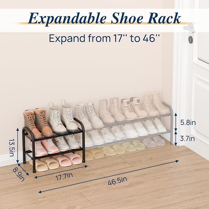 ENJOYBASICS 2 Tier Expandable Shoe Rack for Closet, Free Standing Metal Shoe Shelf Storage Organizer Holder 12 Pairs, Adjustable Width Shoe Rack for Entryway Small Space, Black - Image 2