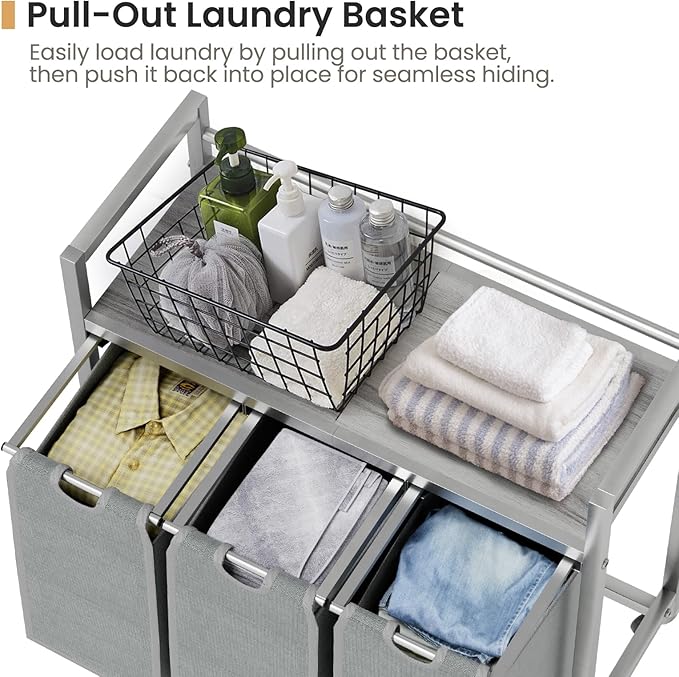 SwaaVee Laundry Hamper, Laundry Basket, Laundry Sorter with 3 Removable Bags, Clothes Basket with 3 Compartments, Wheels, Shelf for Laundry Room Bathroom Bedroom (3 Bags-Gray) - Image 5
