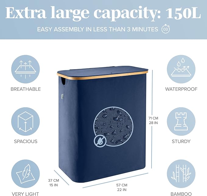 LONBET Laundry Basket with Lid, Made from Breathable Fabric | Aesthetic Clothes Hampers for Laundry with Side Handles & Sturdy Bamboo Frame (40 Gallons - Double, Blue) - Image 4