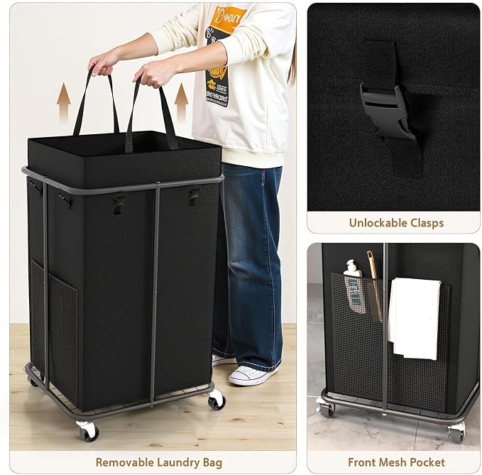 40 Gal Large Laundry Hamper with Lid, Rolling Laundry Basket with Wheels, Oxford Fabric Dirty Clothes Hampers with Removable Laundry Bag & Metal Frame for Bedroom, Laundry Room, Bathroom, Dorm(Black) - Image 6