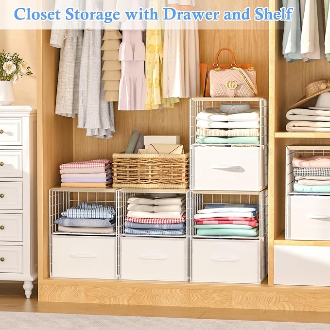 2 Pack Stackable Storage Drawers, Closet Organizers and Storage Shelves with Wooden Top & Adjustable Dividers, White Fabric Closet Drawer Organizer, Modular Storage Bins for Bedroom Wardrobe Apartment - Image 3