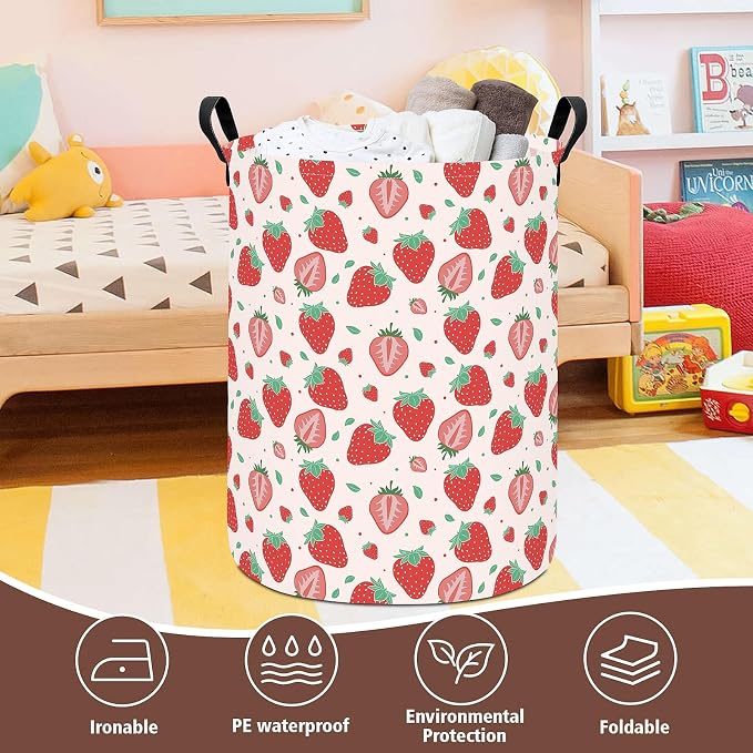 Laundry Hamper Large Canvas Fabric Lightweight Storage Basket/Toy Organizer/Dirty Clothes Collapsible Waterproof for College Dorms, Boys and Girls Bedroom,Bathroom(strawberry) - Image 7