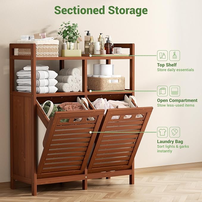 Homykic Tilt Out Laundry Hamper Cabinet, Bamboo Double Laundry Hamper with 2 Removable Laundry Baskets, 20 Gal Laundry Sorter Organizer with Shelf for Dirty Clothes, Bathroom, Laundry Room, Walnut - Image 6