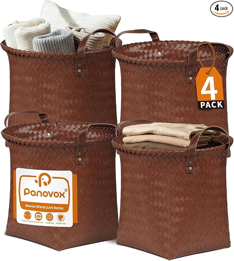 Hand Woven Baskets for Storage, 4Pcs Water-Resistant Wicker Baskets, Brown Wicker Storage Baskets for Shelves, Large Basket with Handle for Organizing, Closet, Laundry, Blanket - Round by Panovox