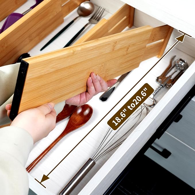 Utoplike Bamboo Drawer Dividers Large, 4'' High Adjustable Kitchen Drawer Organizers for Clothing, Spring Loaded, Works in Bathroom, Bedroom, Dresser, Desk, 4 pcs - Image 2