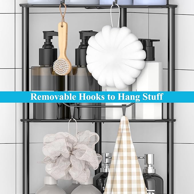 HuggieGems 2 Tier Floor Standing Corner Shower Caddy Organizer Shelf with Hooks, Bathroom Shelves Stand Rack, Black - Image 5