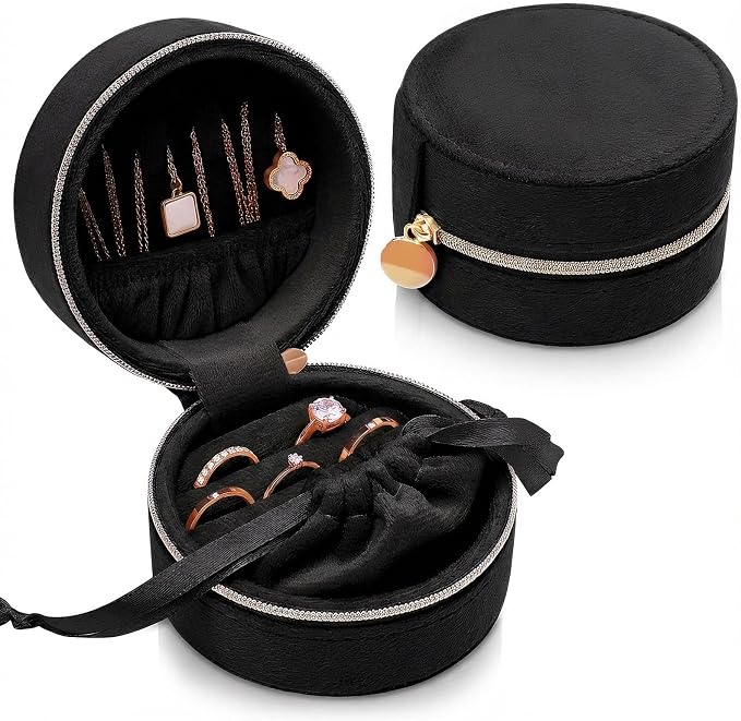 CONBOLA Travel Jewelry Case Small Jewelry Box for Women Girls,Round Velvet Mini Jewelry Travel Organizer,Portable Jewelry Box for Rings Earrings Necklaces Bracelets.(Black,Small) by CONBOLA