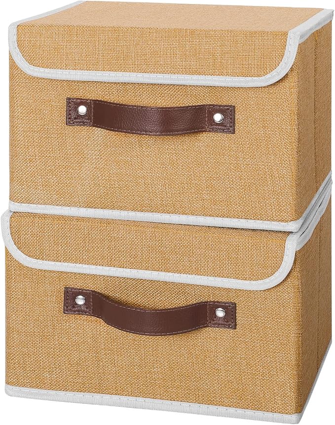 ANMINY 2PCS Storage Bins with Lid PU Leather Handles Storage Boxes PP Plastic Board Decorative Foldable Lidded Cotton Linen Fabric Home Cubes Baskets Closet Organizer Containers - Khaki, Small Size - Image 2