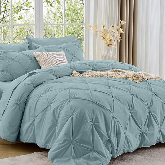 Sasttie Twin XL Comforter Set, 5-Piece Bed in a Bag, Pintuck Bedding Sets for All Season, Includes Comforter, Flat Sheet, Fitted Sheet, Pillowcase and Pillowsham, Greylish Blue