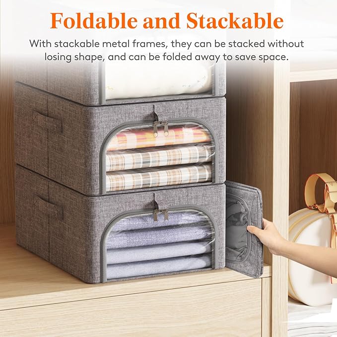 Lifewit Clothes Storage Bins with Metal Frame 6 Pack, Fabric Stackable Storage Bags with Lids, Zipper, Foldable Clost Organizers Containers for Clothing, Blanket, Winter Cloth, 25L