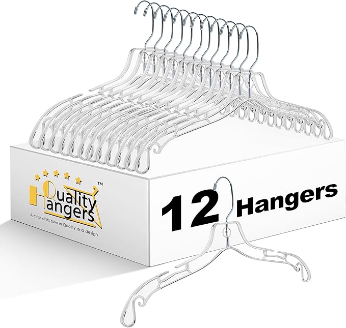 Quality Clear Hangers 12 Pack - Crystal Hangers for Clothes - Durable Plastic Hanger Set - Invisible Dress for Suits - Heavy Duty - Nonslip Coat and Shirt by QualityHangers