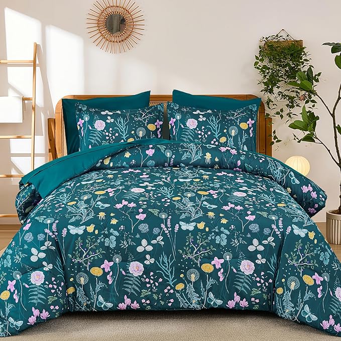 Yiran Teal Blue Comforter Set Queen Size, 7 Piece Floral Botanical Comforter Bedding Set, Farmhouse Bed in a Bag, Soft Microfiber Complete Bedding Set with Sheets for All Season