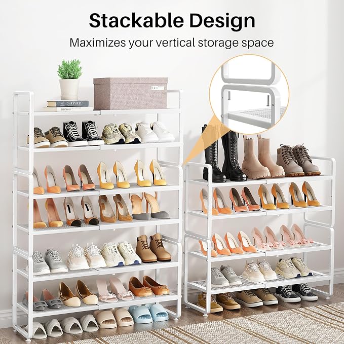 SNTD Shoe Rack - Expandable Shoe Organizer for Closet, Adjustable Metal Shoe Shelf Storage, Stackable Long Shoe Stand Holder for Garage, Entryway, Door Entrance (White, 4-Tier) - Image 6
