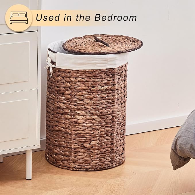 Round Water Hyacinth Laundry Hamper with Lid Handwoven Wicker Basket with Handles for Dirty Clothes, Storage, and Organization Ideal for Bedroom, Bathroom, and Laundry Room, No Assembly Required, 60L - Image 5