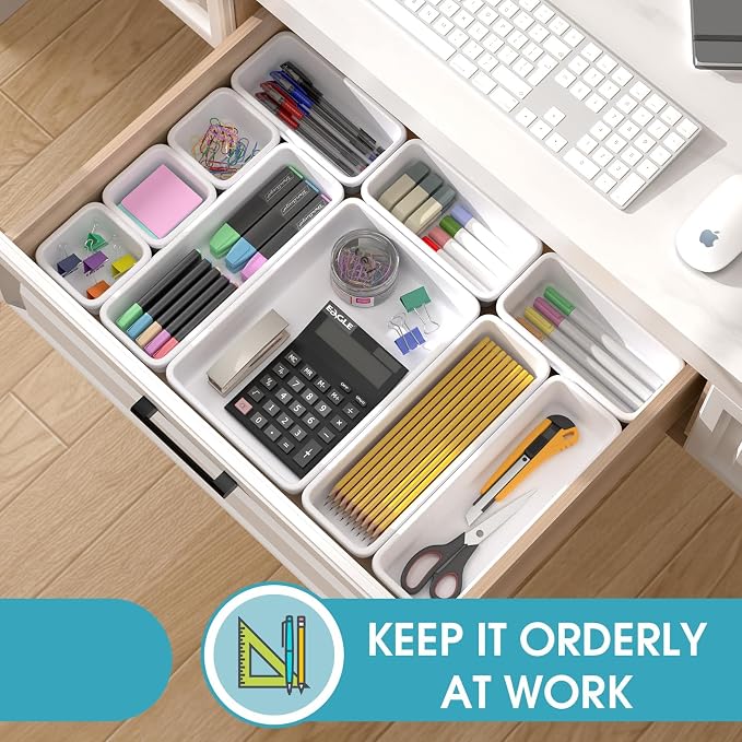 25 PCS Drawer Organizer Set, 4 Size Makeup Drawer Divider Organizer With Non-Slip Pads, Interlocking Plastic Storage Bins for Office,Jewelry Vanity,Gadgets, Bathroom,Kitchen, White - Image 4