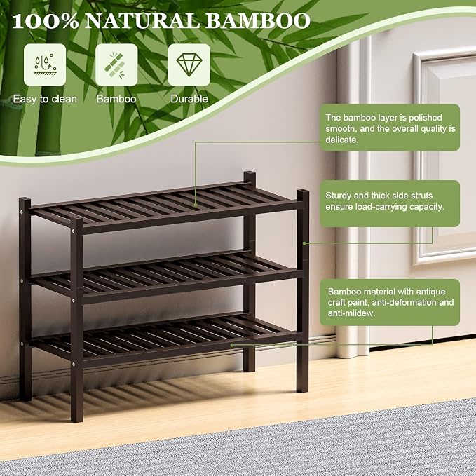 ROMGUAR CRAFT 3 Tier (Thick) Bamboo Shoe Rack for Closet Free Standing Wood Shoe Shelf for Entryway Small Space Stackable 27"x12"x21" (Black Brown) - Image 5