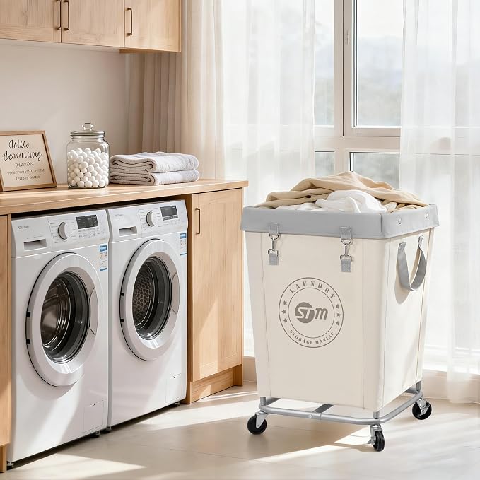 STORAGE MANIAC Commercial Laundry Hamper with Heavy Duty Steel Frame, 160 L Industrial Laundry Basket Cart with Wheels for Hotel, Home, Laundry Room, 18''L x 18''W x 31''H, Medium Beige - Image 8